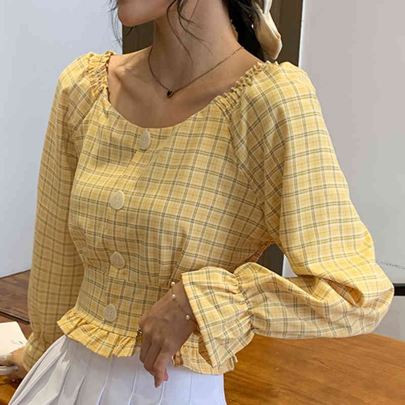 

Lucyever Spring Plaid Blouses Women Korean Style Sweet Single Breasted Shirts Woman Elegant All Match Flare Sleeve Tops 210521, Yellow