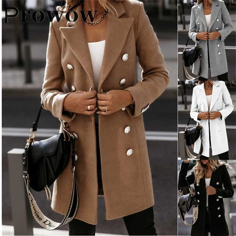 

Prowow Autumn Winter Women Fashion Solid Long Woolen Coat Female Casual Long Sleeve Double Breasted Turn-down Collar Jackets 211018, Black