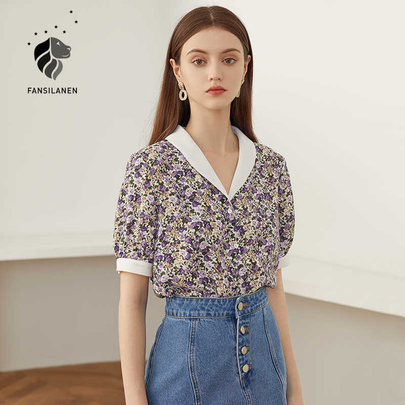 

FANSILANEN Puff sleeve floral print vintage blouse shirt Women v neck black polka dot casual top Female summer chiffon 210607, Print 1