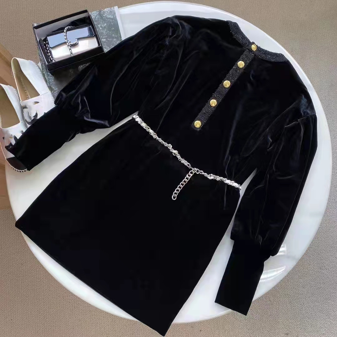 

Designer Women' dress CC Brand 2022 Spring/Summer New Classic Velvet Round Neck Long Sleeve Dresses Slim Noble Elegant Luxury Dress, Black
