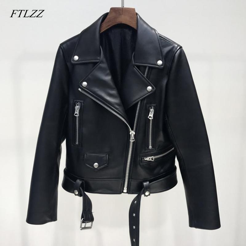 

Women' Leather & Faux FTLZZ Autumn Women Pu Jacket Woman Zipper Belt Short Coat Female Black Punk Bomber Outwear