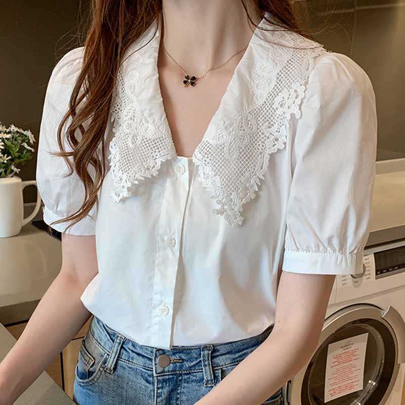 

Blouse Women Blusas Mujer De Moda Short Sleeve White Blouse Women Shirts V-neck Chiffon Blouse Shirt Women Blouses Top D307 210602