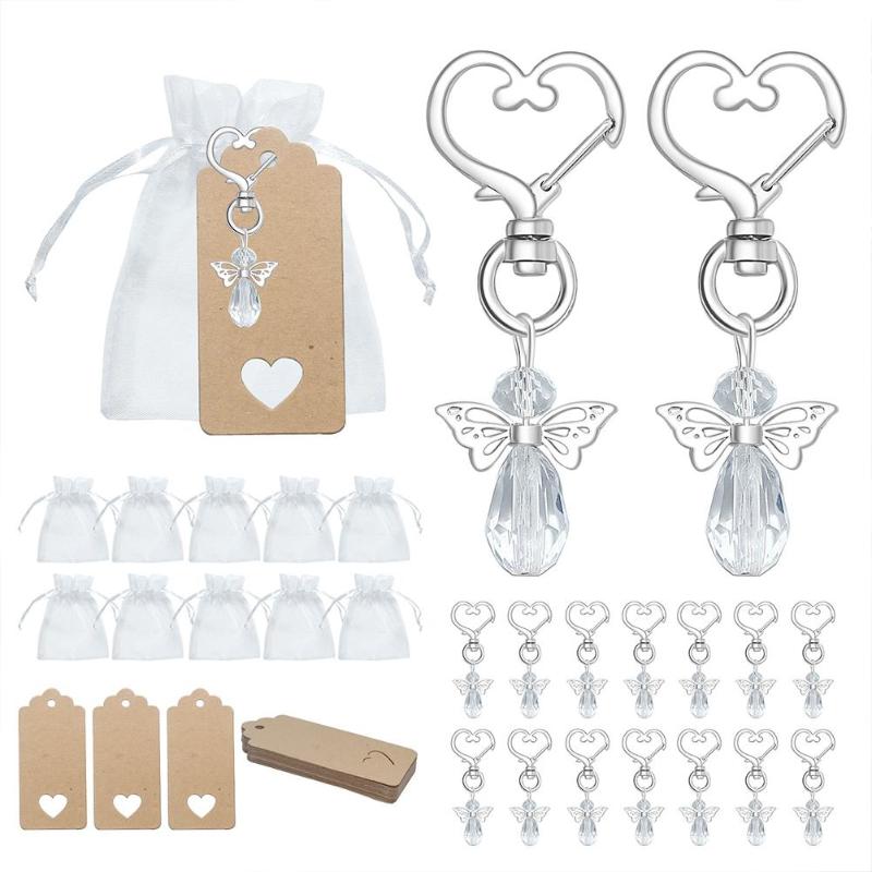 

Party Favor 30pcs Angel Wing Keychains Set Wedding Mesh Storage Pouch Key Rings Pendant Favours Hanging Tag Cards Holder Gift