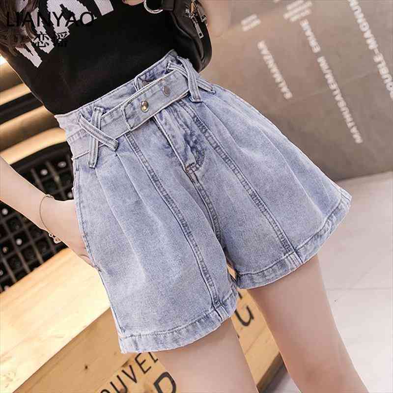 

super high waist denim shorts jeans womens summer thin section korean fashion and thin a line wid-eleg pants, Blue