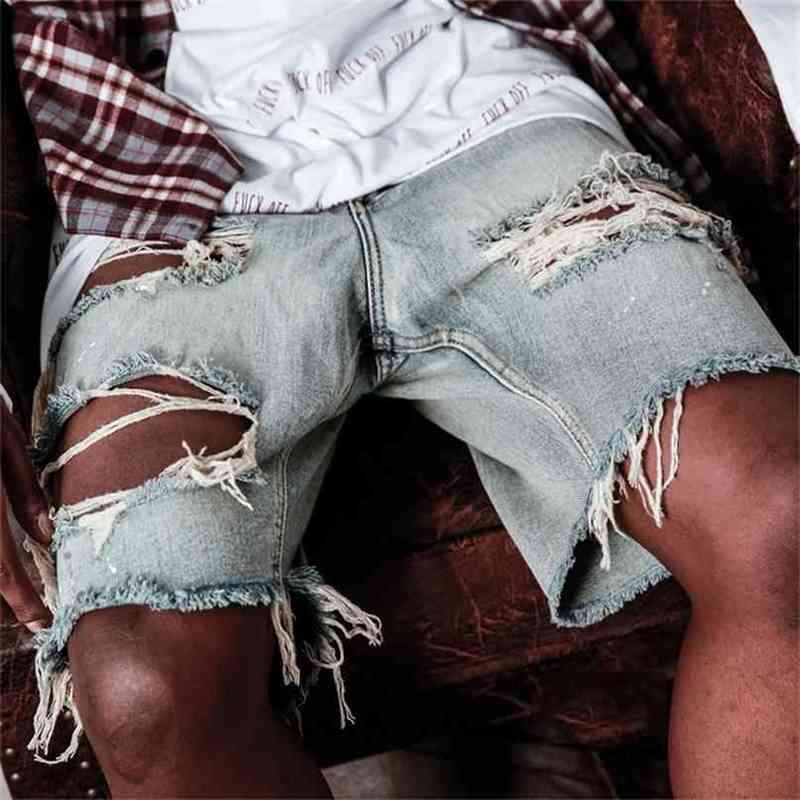 

Summer Ripped Men Shorts Straight Loose Beggar Hole Denim High Street Hip Hop Male Jeans 210716, Blue