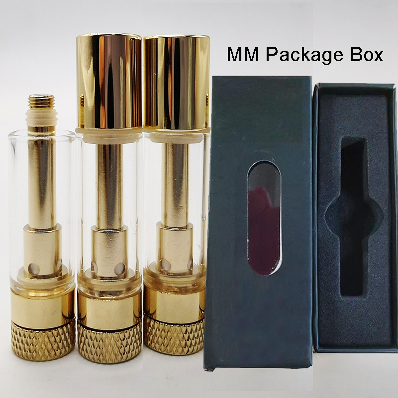 

0.8ml Gold Vape Cartridges Atomizer Black packaging box 10 Colors Stickers Metal Tip Empty Vapes pen Vaporizer Glass Ceramic Coil OEM Custom 510 thread Atomizers