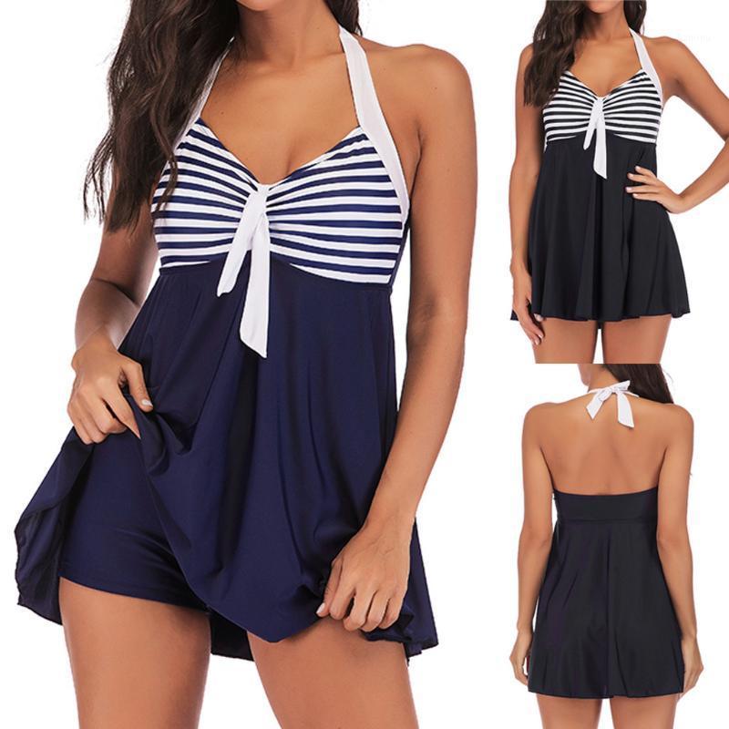 

Halter Swimsuit Women Sexy Hollow Out Swimwear Summer Striped Print Bathing Suits Beach Swim High Waist Two Piece Monokini Women's, Dark blue