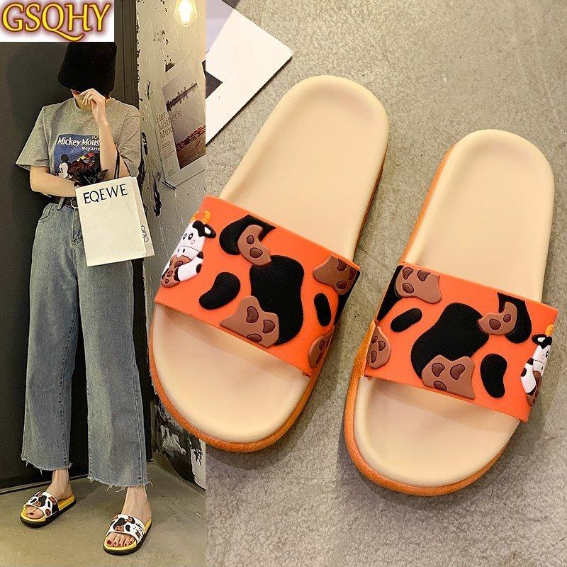 

Summer Home Women Slippers Cute Cartoon Cows Non-Slip Bathroom PVC Ladies Slides Indoor Couple Shoes For, Black