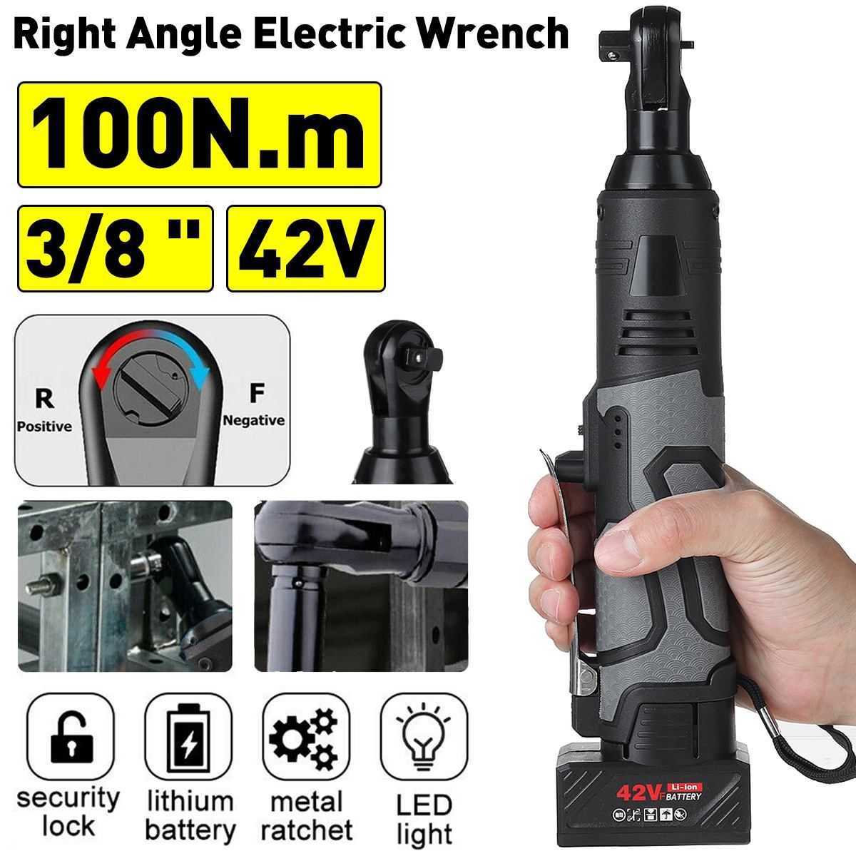 

Drillpro 42V 100N.m Cordless Electric Wrench 3/8" Ratchet Wrench Set Angle Drill Screwdriver Wrench Tools with 2xBattery Charger 210430