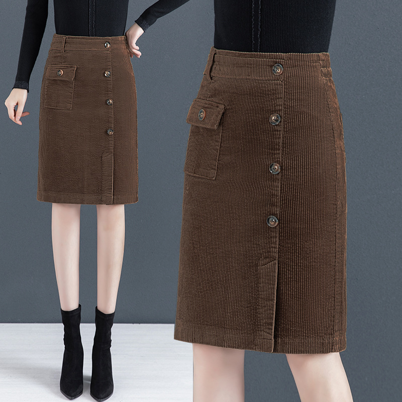Skirts Corduroy Skirt Women's Autumn and Winter 2021 High Waist Slim A-bag Hip Medium Long Striped Straight Skirt-image-728335206