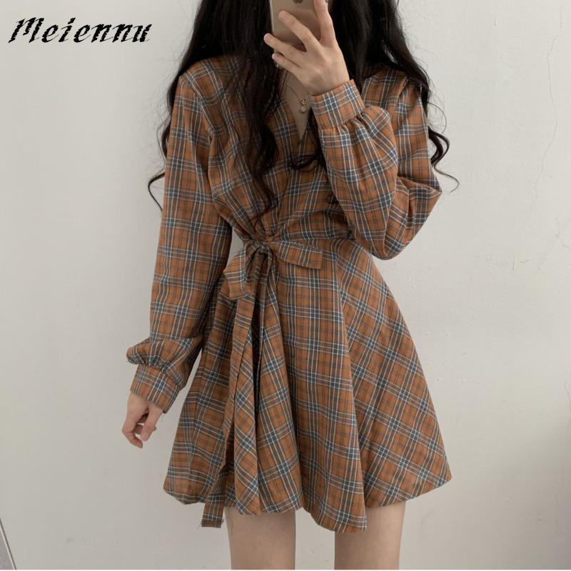 

Casual Dresses 2021 Autumn Long Sleeve Dress Women Preppy Style Bow Palid V-neck Mini Plaid Korean High Waist Short Elegant, Red