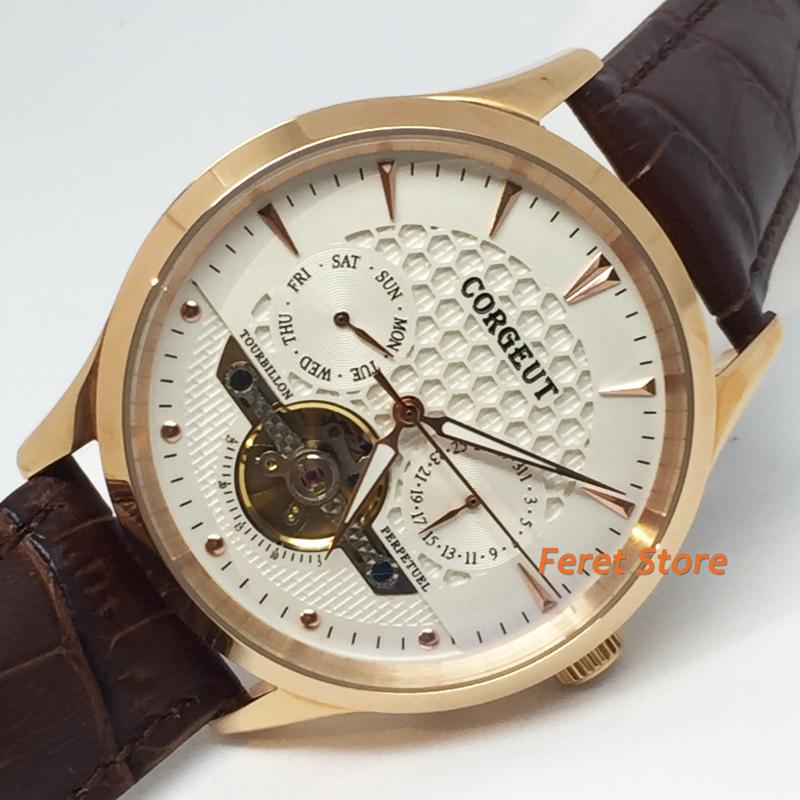 

Wristwatches Luxury Men's Watch PVD Polished Gold Stainless Steel Case White Dial Leather Strap Leisure Fashion Automatic Men