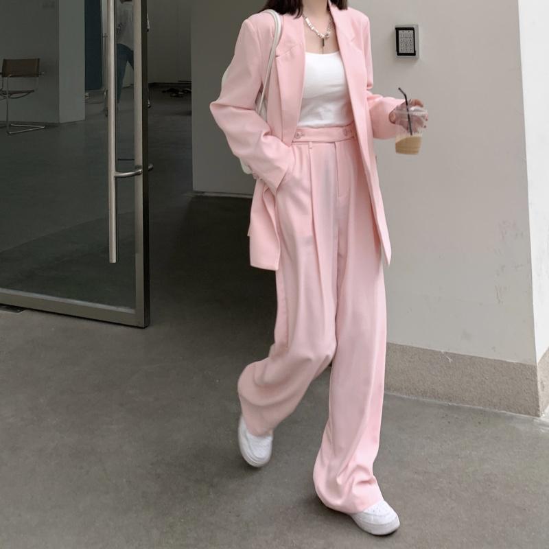 

Women' Two Piece Pants Elegant Office Ladies Peices Sets Pink Long Sleeve Blazer Coats High Waist Straight Casual Women Loose Pant Suit