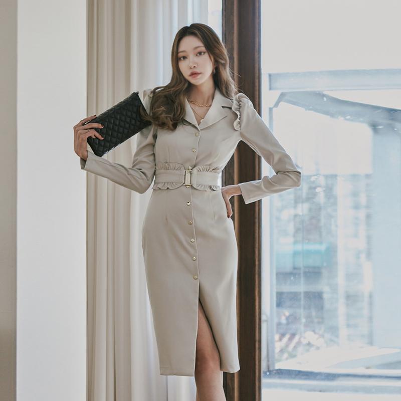 

Casual Dresses Korean Chic Temperament Lapel Robe Single Breasted Waist Vestido De Mujer Long Sleeve Ruffles Pencil Dress Women, As picture