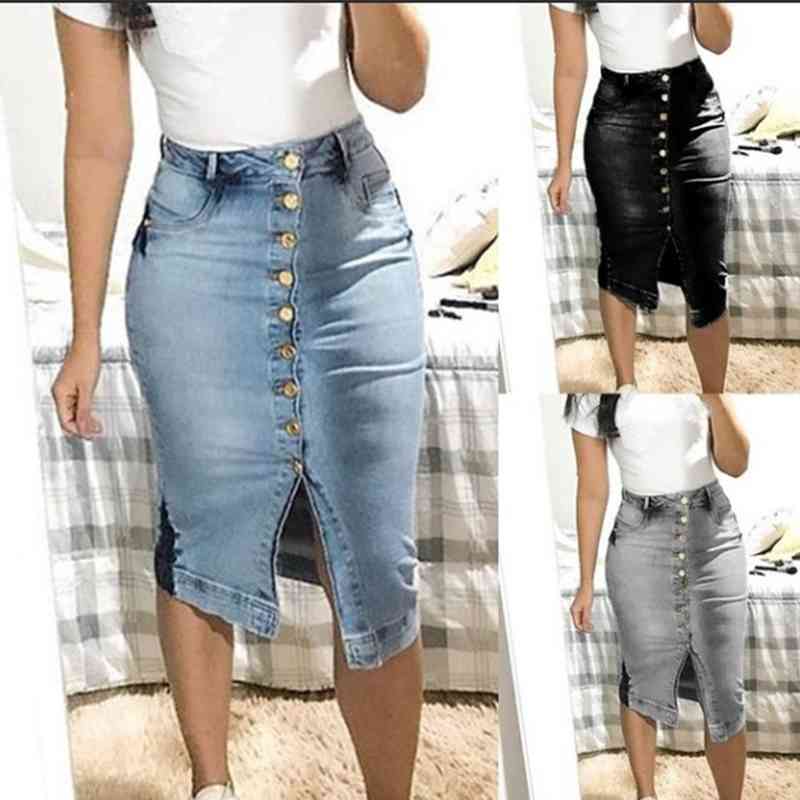 

Bodycon Denim Saia Jeans Skirts Women Casual Mid-Calf Summer Button Large Size Slim Jupe Jean Femme Skirt Fashion Simple 210603, Blue