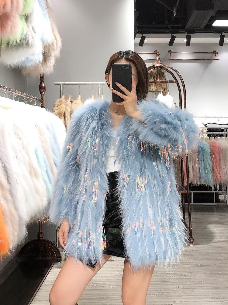 

Women's Fur & Faux Genuine Real Natural Raccoon Coat With Sequin Tassel Fashion Sexy Overcoat Jacket, Pink