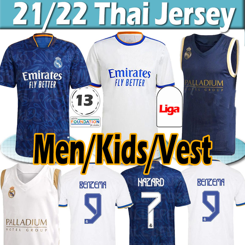 

21/22 Real Madrid soccer jerseys SERGIO RAMOS HAZARD BENZEMA 2021 2022 ASENSIO MODRIC MARCELO jersey men kids kits football shirt Vest uniforms Thai, Away