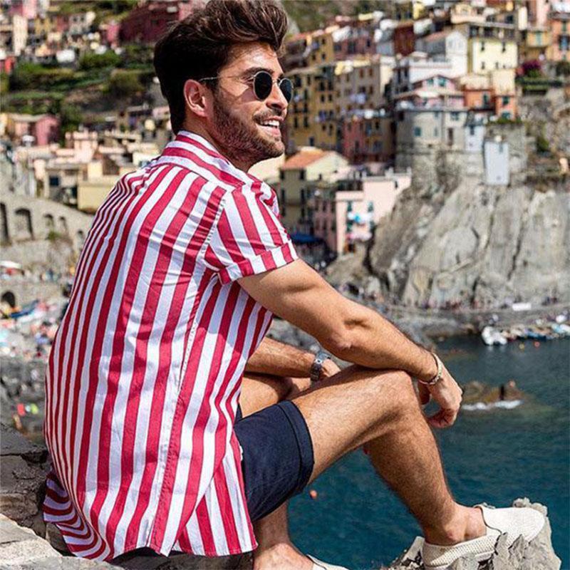

Men's Casual Shirts Clothing Red And White Striped Sweater European Men Shirt Blouse 2021 Summer Fashion Top, As pic