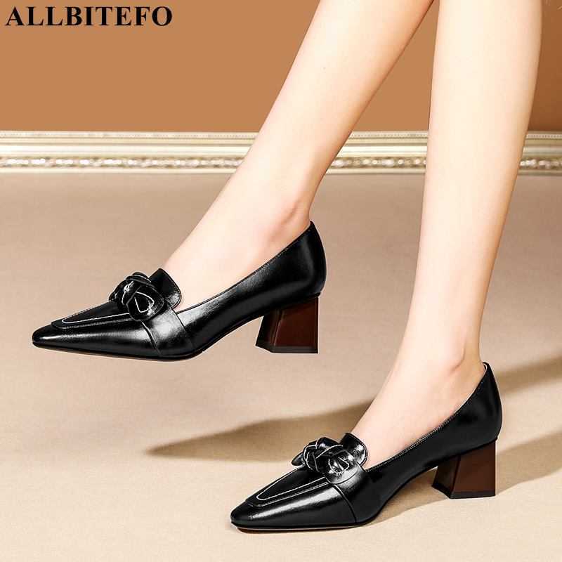 

ALLBITEFO Size:33-41 sweet bowtie genuine leather thick heels office ladies shoes women heels shoes brand high heels shoes 210611, As picture