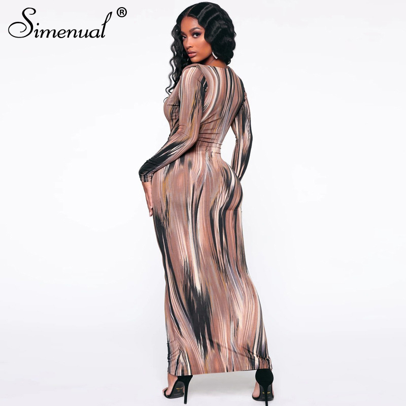 

2021simenual v neck bandage bodycon maxi dresses women fashion skinny clubwear printed long sleeve party dress autumn 2021 slim, Black;gray