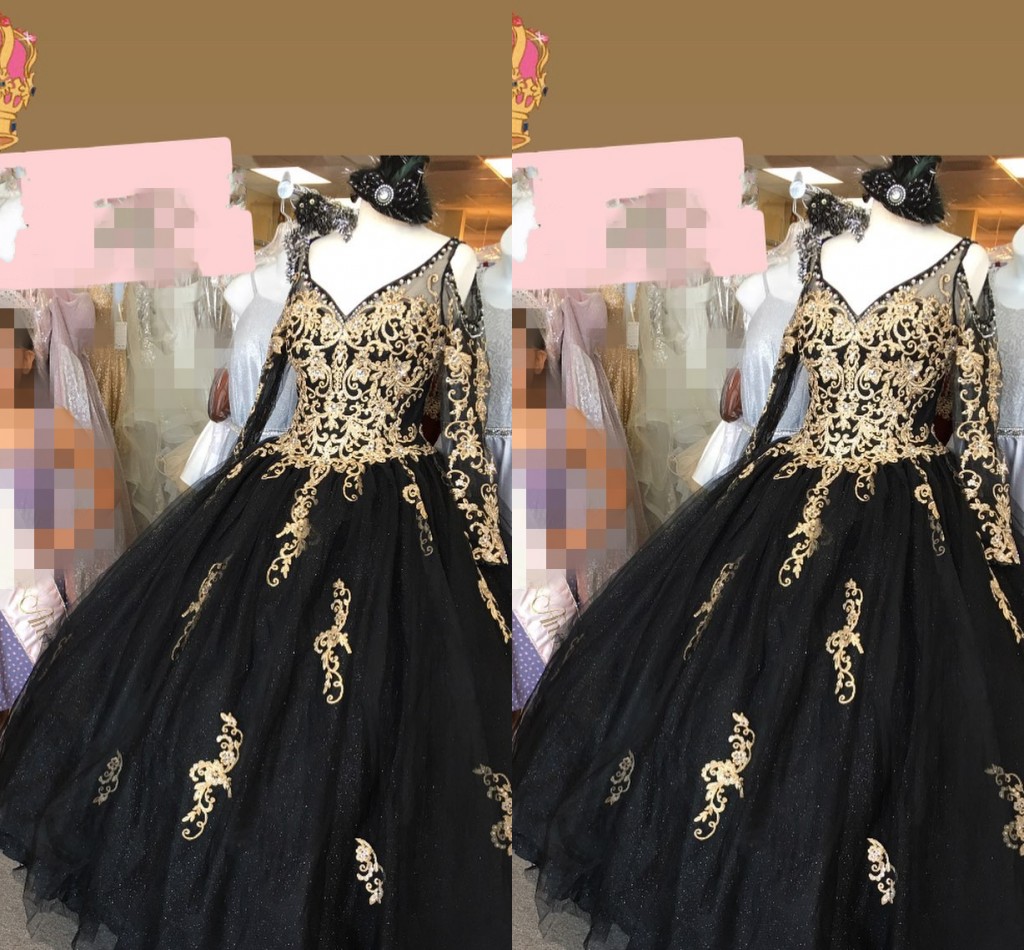 

2022 Sexy Black and Gold Lace Unique Neck Quinceanera Prom dresses Ball Gown Cold Shoulder Long Illusion Sleeves Glitter Tulle Evening Formal Dress, Ivory