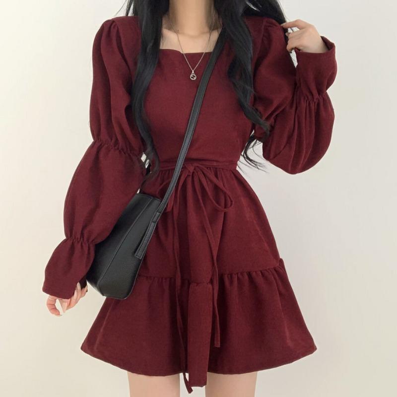 

Casual Dresses Women Autumn Slim Elegant Retro Lace Up Waist Red Square Flare Long Sleeve Ball Gowns Mini Loose Ruffled Hem Vestido, Black;gray