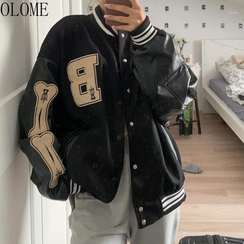 

Women's Jackets OLOME Varsity Baseball Bomber Jacket Women Hip Hop Bone Letter Patchwork Leather Streetwear Men Unisex College Coats, Black;brown