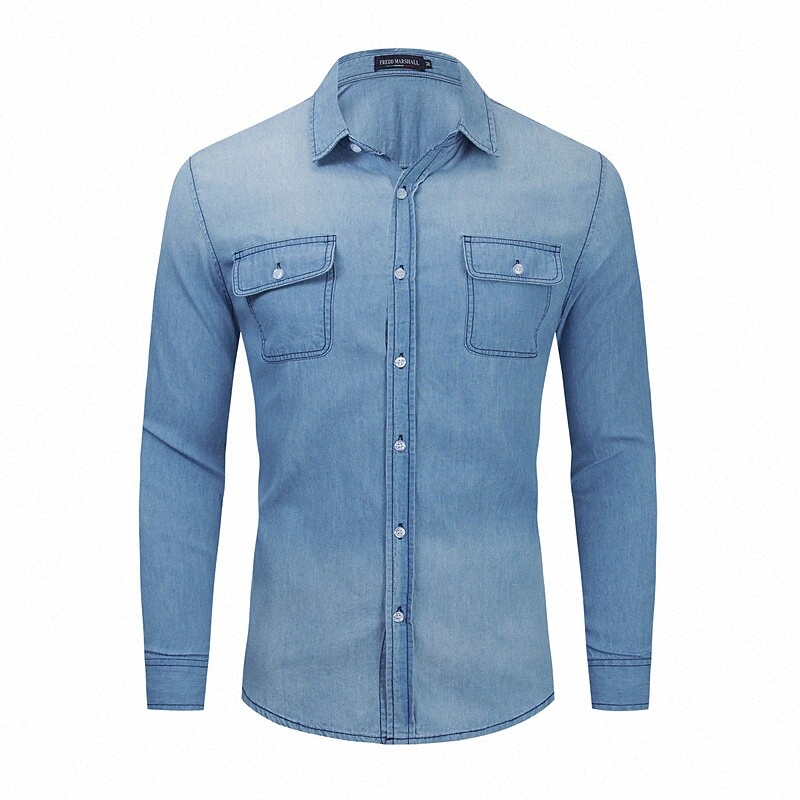 Men's Shirt Solid Color Collar Casual Daily Denim Button-Down Long Sleeve Tops Cotton Casual Nostalgic Comfortable Blue c7YP#