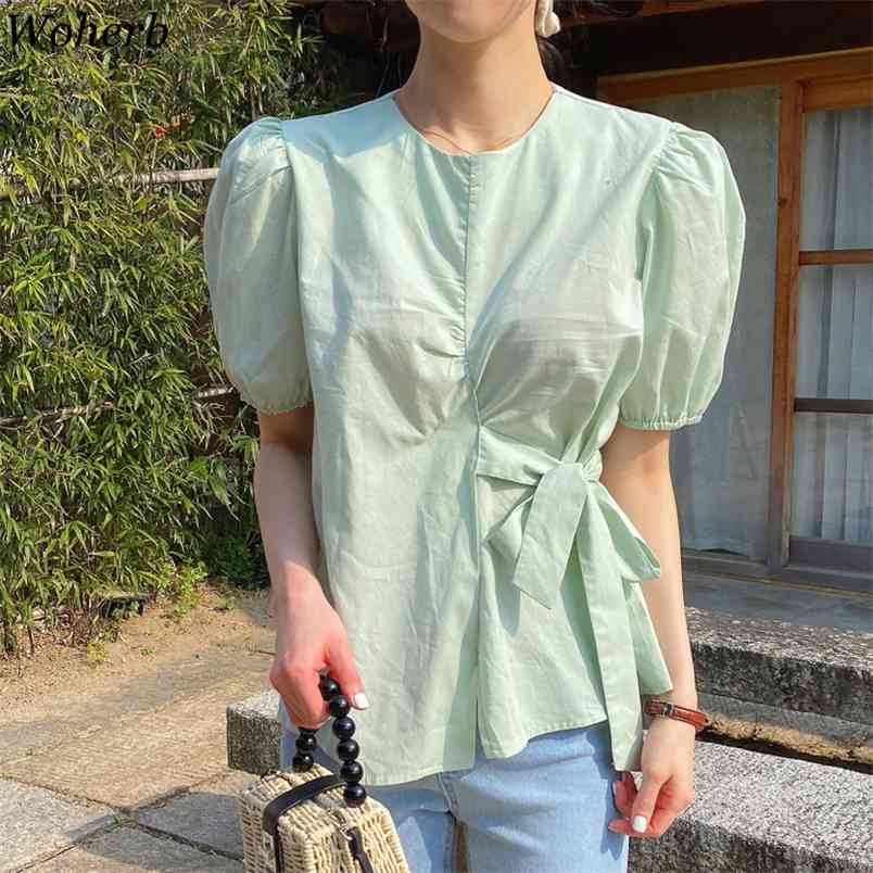 

Korean Chic Green Blouse Women Solid Blusas Puff Sleeve Bandage Femme Gentle Shirts Office Summer Casual 210519, Light green
