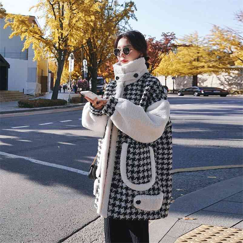 

Winter Women Outerwear Vintage Thick Warm Woolen Coats Imitation Lamb Velvet Parkas Plaid Female Loose Oversized Jacket 210519