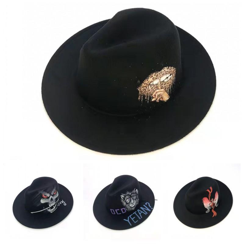 

Wide Brim Hats 2021 Unisex Spring And Autumn Hand-painted Woolen Hat Men's Fedora Painted Sunbonnet Jazz Trend Women's, White