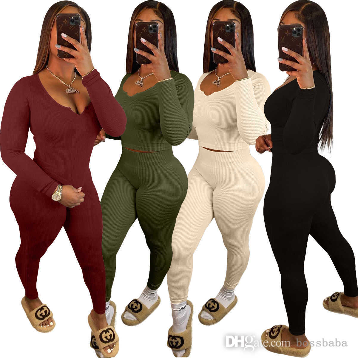 

Desinger Tracksuits For Woman Clothing Casual Ribbed Casual Two Piece Set 2022 U Neck Slim Fit Crop Top And High Waisted Leggings, Style02