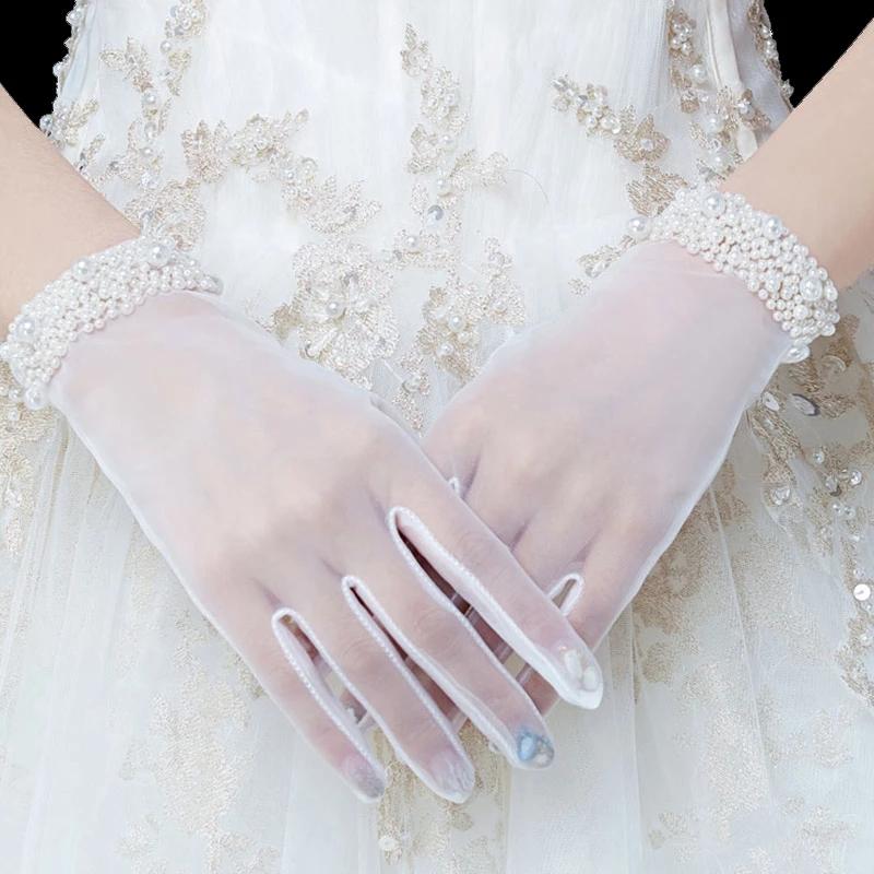 

Five Fingers Gloves Korean Wedding Dress Lace Pearl Summer Women Thin Mesh Transparent Full Finger Polka Dot Driving Sunscreen Mittens K58