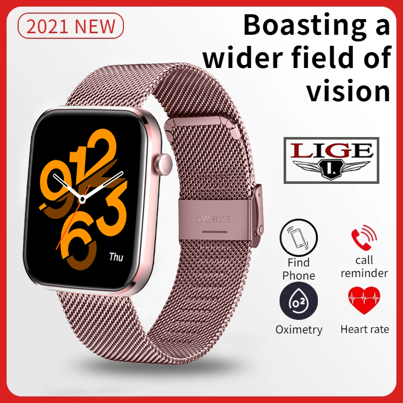 

LIGE New Smart watch Women Full touch screen Sports Fitness watch IP67 waterproof Ladies Smart watch Bluetooth for Android iOSg, Silicone pink