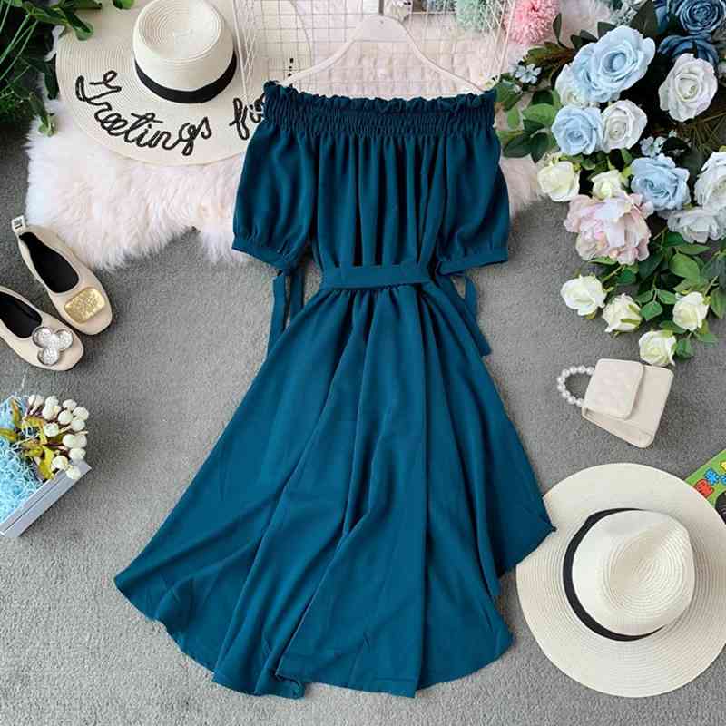 

Spring Ladies Fashion Lace Up Slash Neck Chiffon Beach Draw String High Waist Casual Solid Irregular Dress 210520, Burgundy