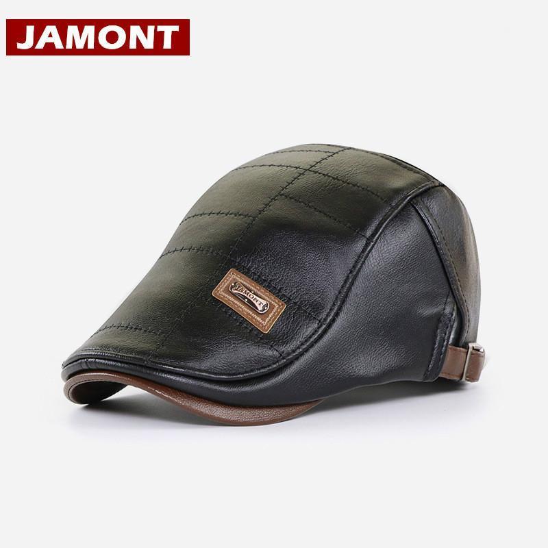 

Berets Original JAMONT High Quality PU Leather Beret Men Hat Fashion Brand LOGO Visor Adult Autumn Winter Cap Gorras Male Caps, Black