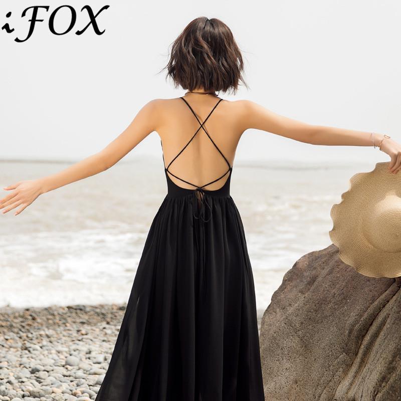 

Casual Dresses Fashion Bohemian V Neck Strapless Chiffon Women Summer Dress 2021 Sexy Cross Open Back Sleeveless Party Vestidos, Black