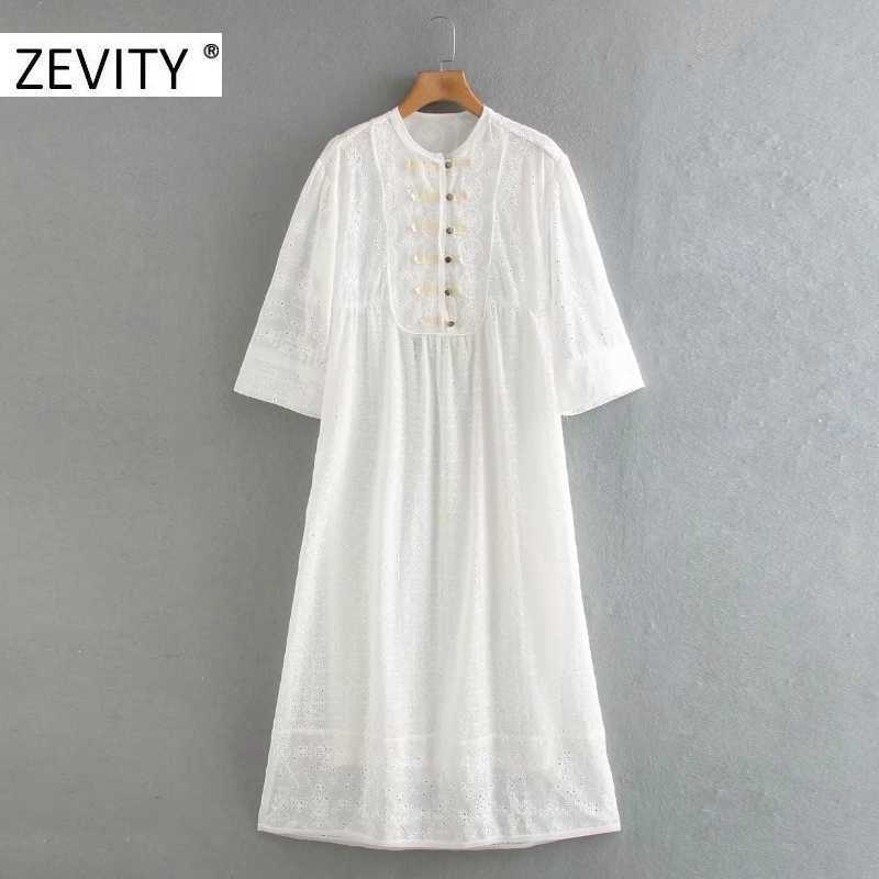 

ZEVITY Women elegant o neck hollow out embroidery casual straight midi dress lady buttons kimono vestido chic Dresses DS4397 210603, As pic ds4397cc