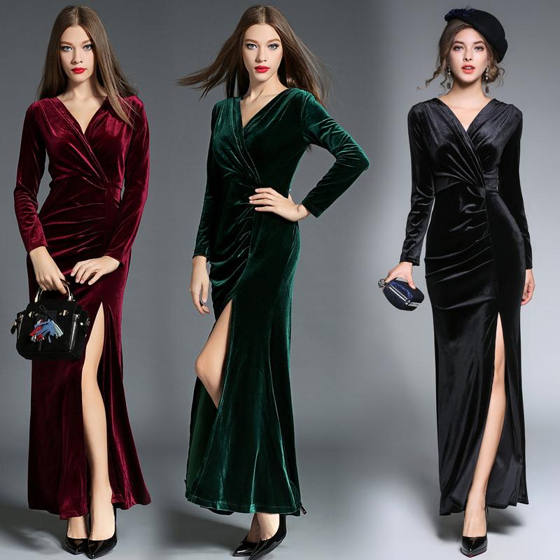 

Casual Dresses TingYiLi Women Maxi Dress Black Burgundy Green Winter Long Sleeve Velvet Sexy Party With Slit