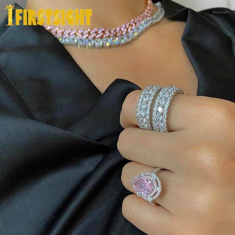 

Wedding Rings 2021 Iced Out Bling 5A CZ Tear Drop Silver Color Cut Full Band Engagment White Pink Stone Ring For Women1