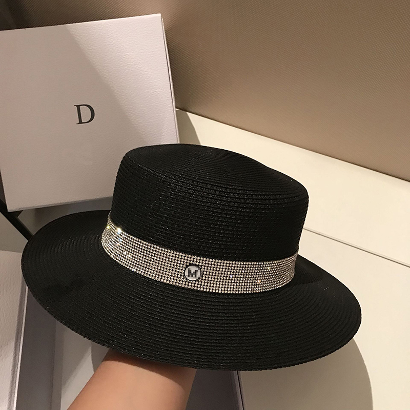 

Beach Vacation Straw Hat for Women Outdoor Travel Sun Protection Hats Solid Color Rhinestone Cap Flat Top Wide Brim Caps, Black