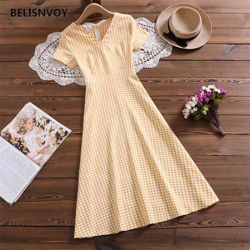 

French Retro A-line V-neck Plaid Dress Sweet Women Sundress Summer Short Sleeve Ladies Midi Elegant Party Vestidos 210520, Pink
