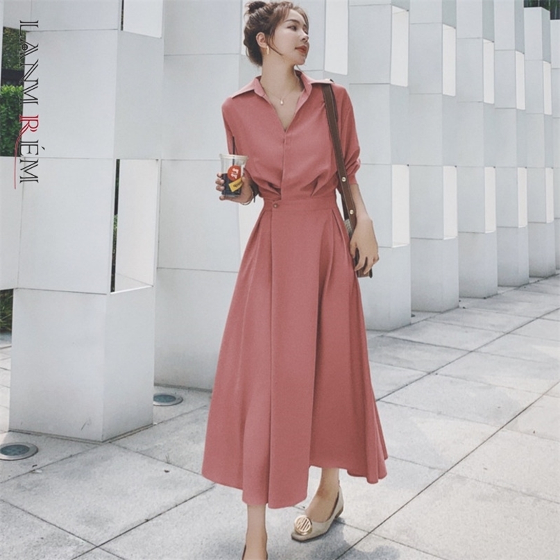 

spring elegant tight solid fit and flare pleated waist long sleeve ankle-length dress for women korean cloth 2A280 210526, Beige