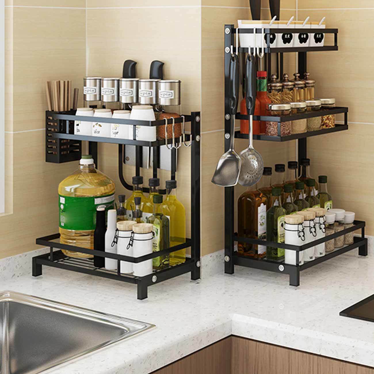 Contracted Durable Standing Spice Rack 2 Tier Spice Bottle Jars Storage Shelf With 3 Hooks Perfect For Holding Kitchen Utensil-image-689782731