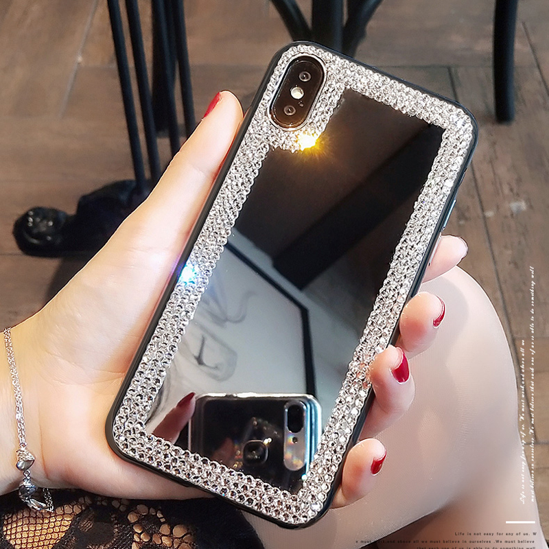 

3D Acrylic Mirror Rhinestone Case for iPhone 11 Pro Max Diamond Bling Cover coque for iPhone Xs Max XR X 7/8 Plus 6S/6 Plus SE2020 Cases, Solid color