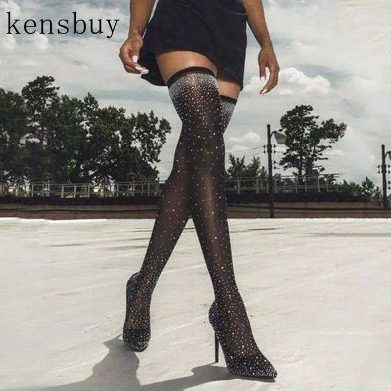 

Boots 2021 Sexy Black Diamond Slip-On Women's Over The Knee Fashion Pointed Toe Nightclub Elastic Stocking Stiletto Long
