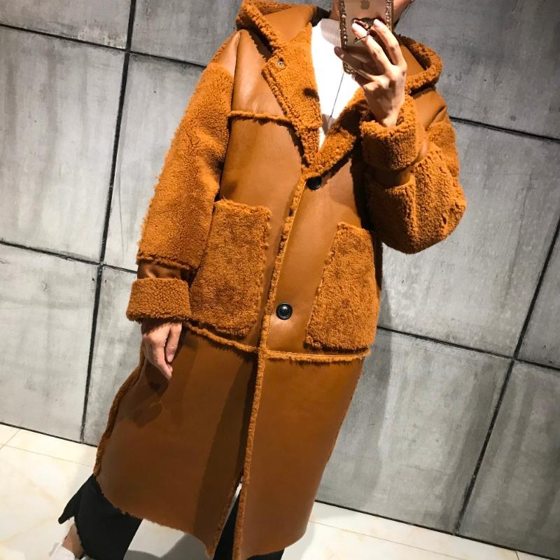 

Women's Leather & Faux Suede Lamb Coat Hooded Sheep, Black