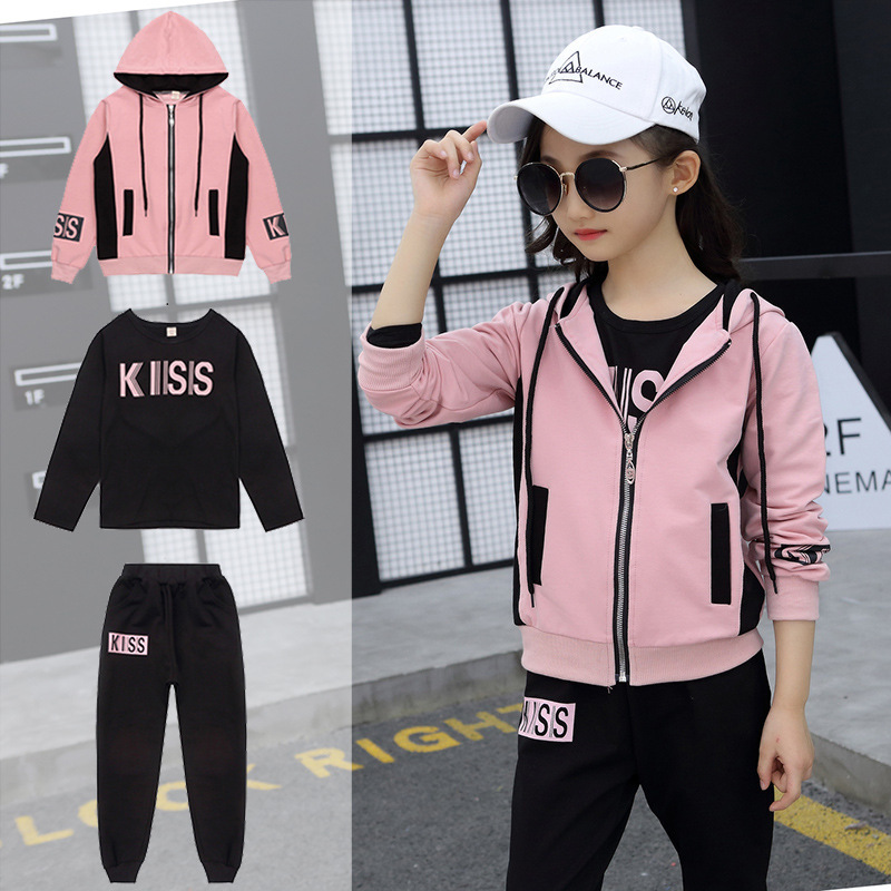 

Clothing Set Girls Clothes Jacket letter Zipper Hoodies Pants Kids Tracksuit For Girls Clothing Sets Sport Suit 5 6 8 10 12 13 Y X0401, White