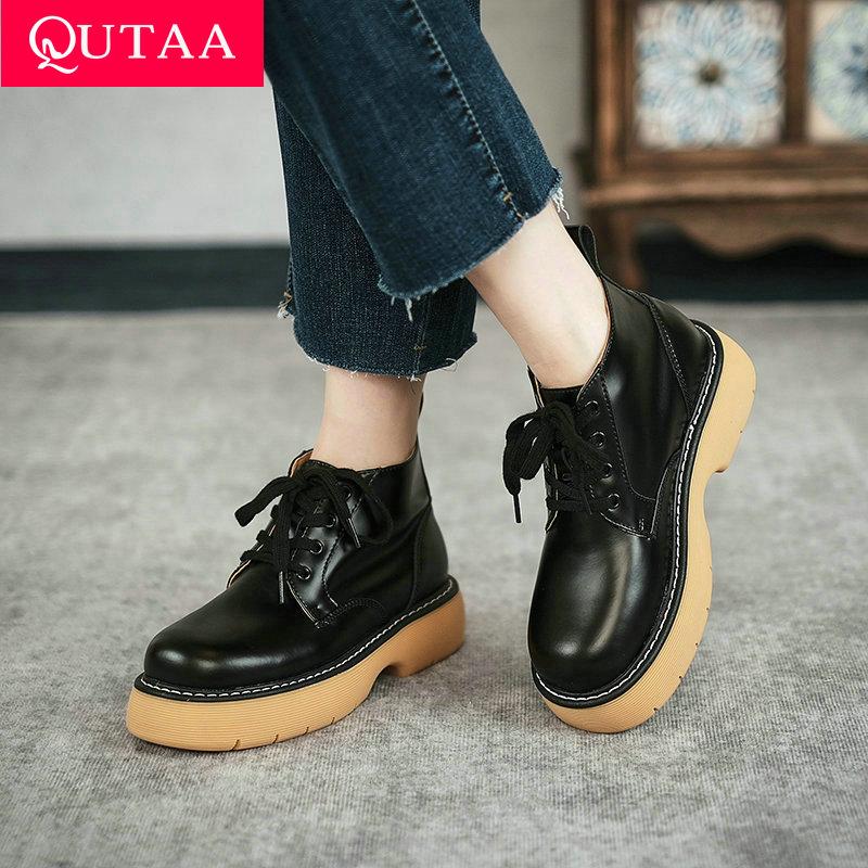 

Boots QUTAA 2021 Women Ankle Lace Up Fashion Round Toe Elegant Spring/Autumn Square Med Heel Ladies Motorcycle Size 35-39, Black