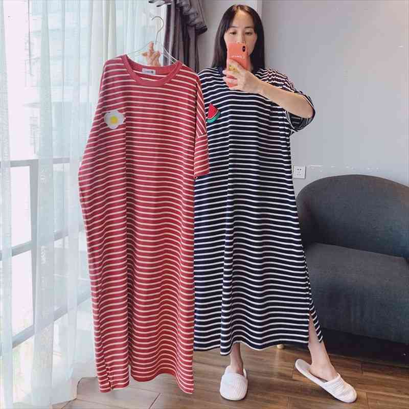 

Plus Size 6xl Women Sleepwear Short Sleeve Homewear Nightdress Striped Nightwear Home Dressing Gown Summer Oversized Long Nightgown, Black;red